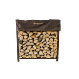 Woodhaven 3 ft Firewood Rack with seasoning cover in black finish holding stacked firewood
