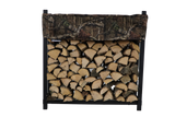 Woodhaven Short Firewood Rack Seasoning Cover in black on a firewood rack