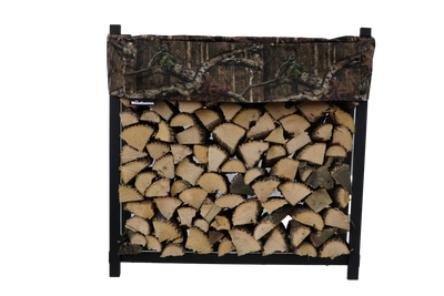 Woodhaven Short Firewood Rack Seasoning Cover in black on a firewood rack