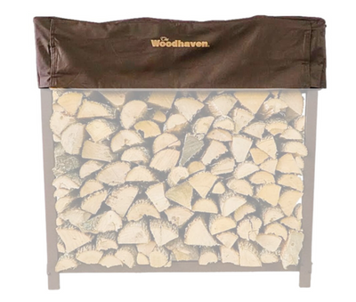 Woodhaven Short Firewood Rack Seasoning Cover in black on a firewood rack