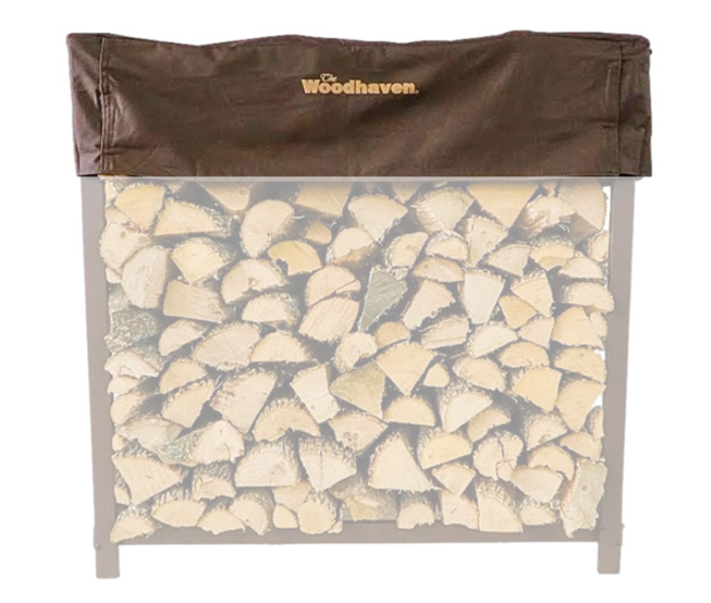 Woodhaven Short Firewood Rack Seasoning Cover in black on a firewood rack