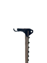 Black metal T-post hanger with a hooked end and serrated edge for securing items, isolated on white background.