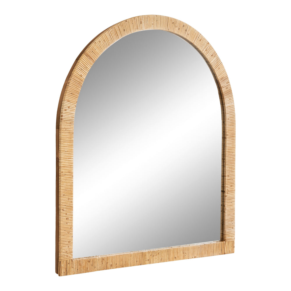 Rahfy Arch Framed Wall Mirror with an arched, textured rattan frame in natural wood finish