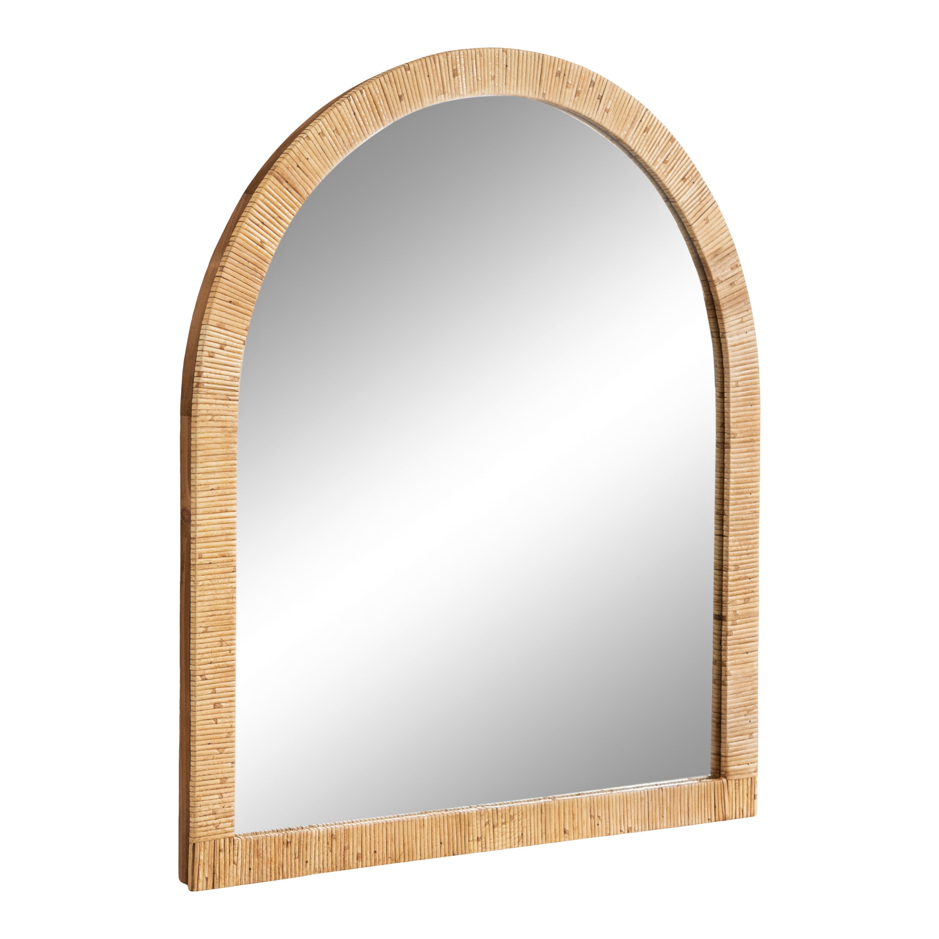 Rahfy Arch Framed Wall Mirror with an arched, textured rattan frame in natural wood finish