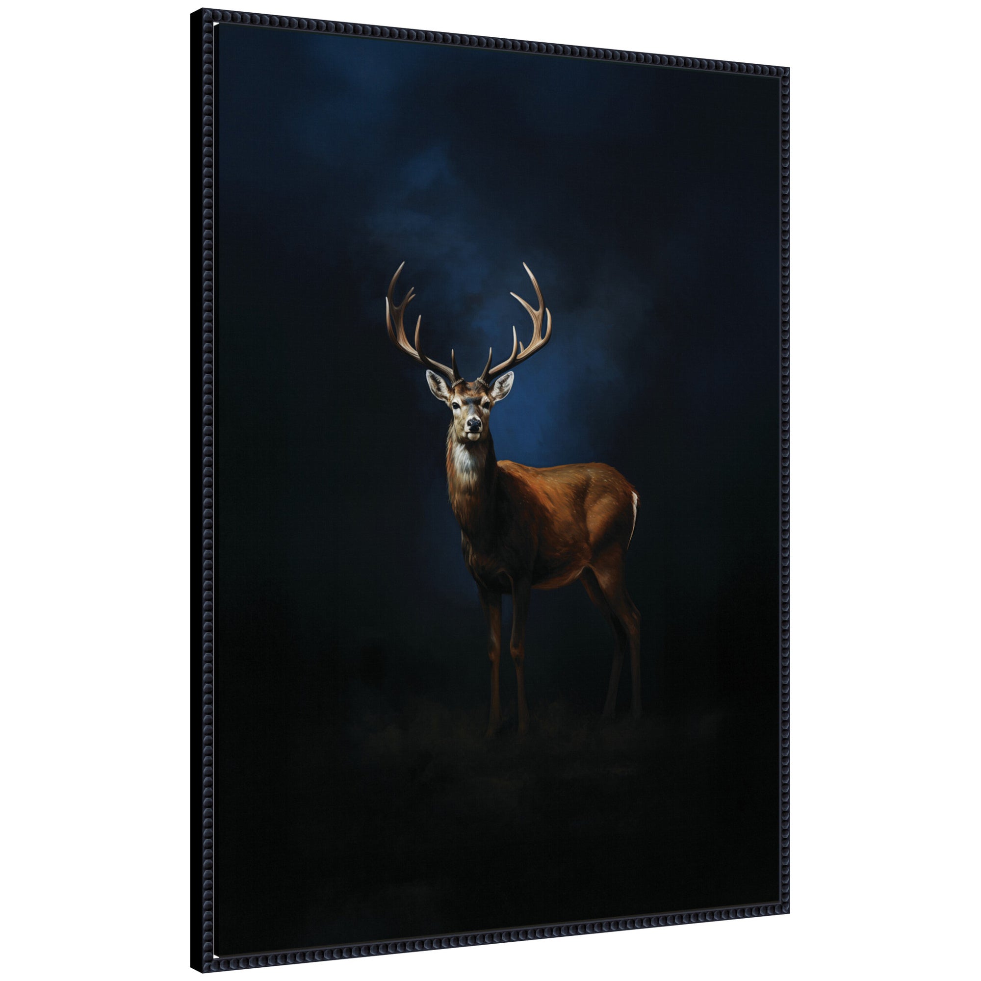 Framed canvas wall art print depicting the Cobalt Night Sky Deer with a stag against a dark moody background