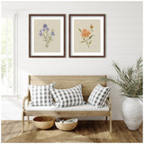 Two framed botanical prints featuring simple flowers, one purple and one peach, hang above a wooden bench with gray and white checkered pillows in a bright, white-paneled room.