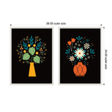 Two framed floral artworks on black backgrounds, one with yellow vase and green leaves, the other with red vase and white and orange flowers, each 38x24 inches.