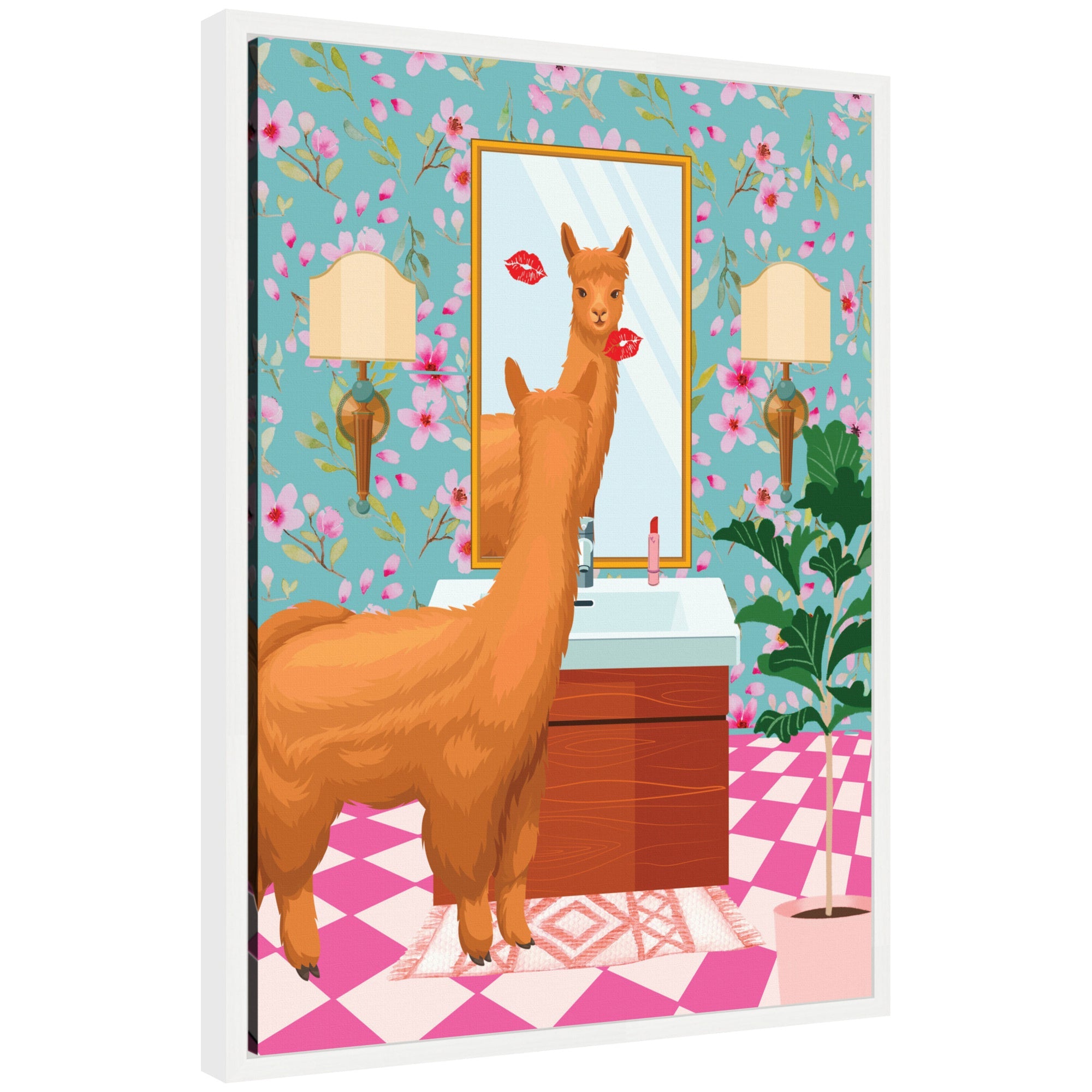 Framed canvas art featuring a maximalist llama design with a white vintage beaded frame