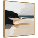 Abstract coastal landscape painting featuring beige sandy shore blending into dark cliffs with a muted blue-gray sky and ocean, framed in light wood.