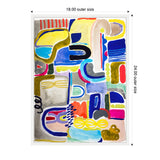 Colorful abstract composition with bold shapes in blue, yellow, red, and pink on a light background, featuring curved and linear patterns in an 18x24 inch framed canvas.