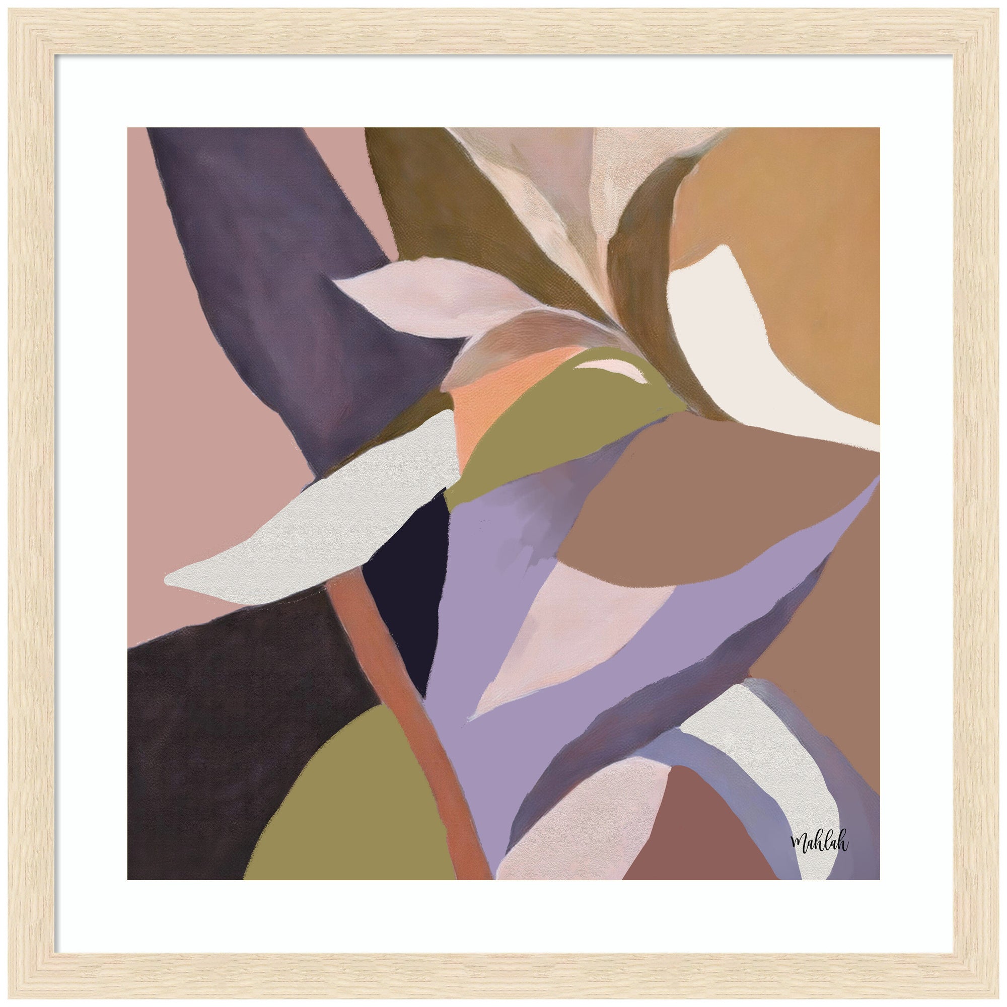 Framed abstract art 'Azure stems' by Inkheart Designs featuring pastel geometric shapes in Woodgrain Stripe Blonde frame