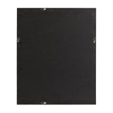Back view of a rectangular black picture frame with multiple metal hooks and clips around the edges for hanging and securing artwork.