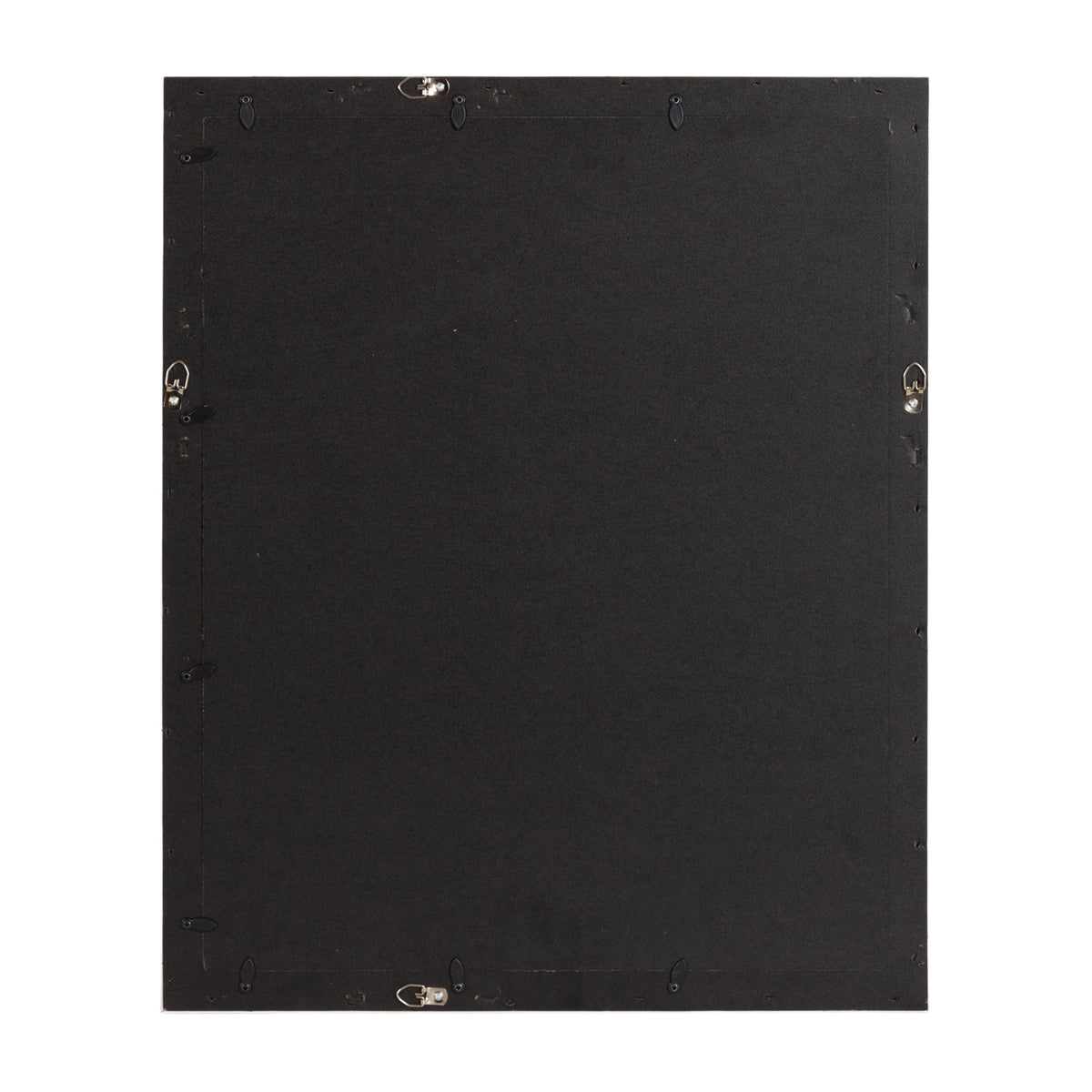 Back view of a rectangular black picture frame with multiple metal hooks and clips around the edges for hanging and securing artwork.