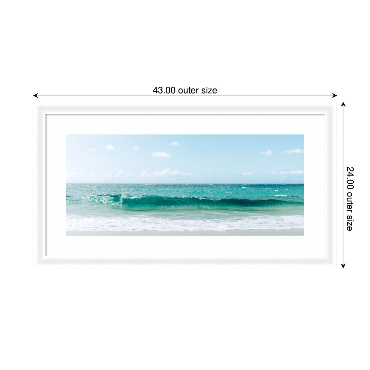 Framed panoramic photograph showing gentle ocean waves breaking on a sandy beach under a partly cloudy blue sky.