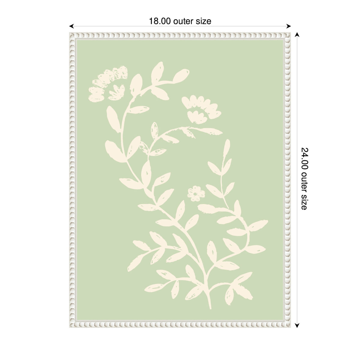 Framed canvas print with pale green background featuring an off-white botanical design of stylized flowers and leaves