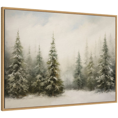Framed canvas print of a traditional snowy pine forest landscape with soft mist by The Creative Bunch Studio