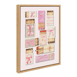 Framed canvas artwork featuring various pastel pink and beige matchboxes tied with pink bows, some open revealing wooden matches inside, arranged on a soft background.