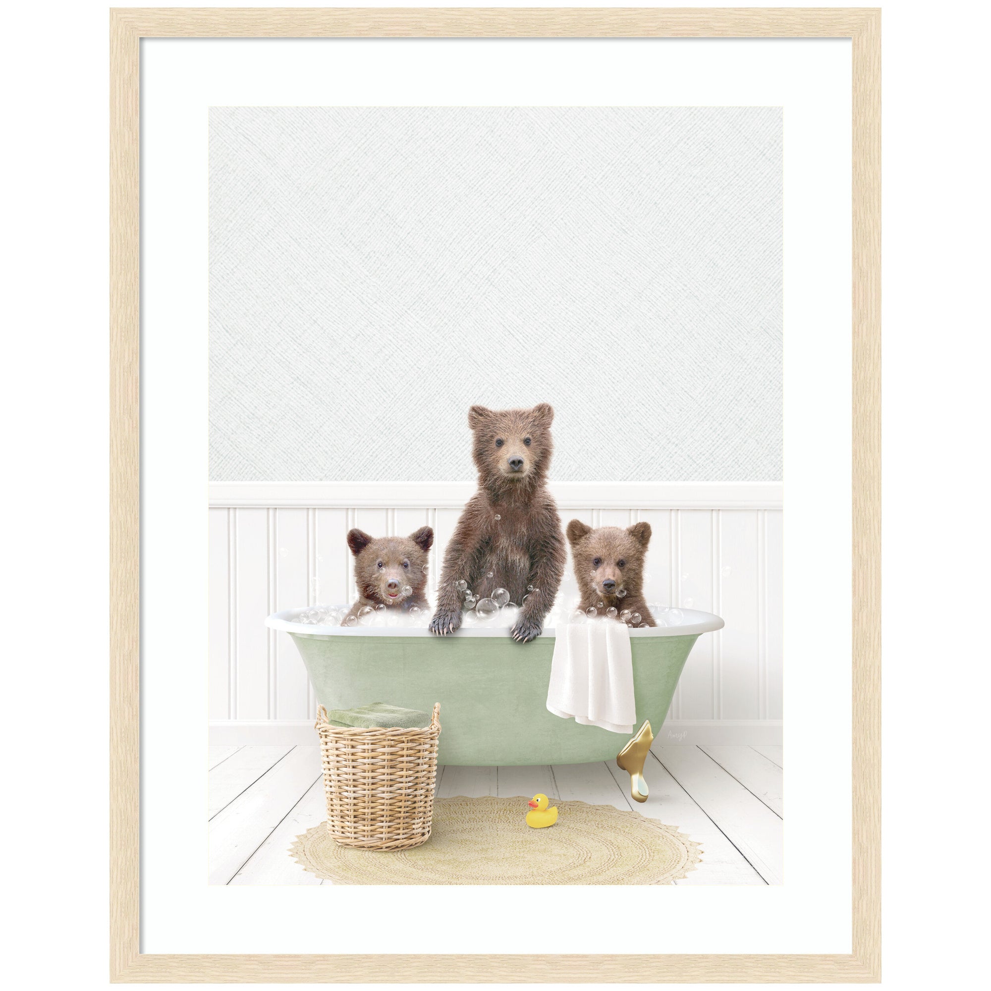 Three Bear Cubs in Cottage Green Bath by Amy Peterson Framed Wall Art Print