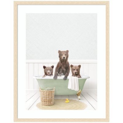Three Bear Cubs in Cottage Green Bath by Amy Peterson Framed Wall Art Print
