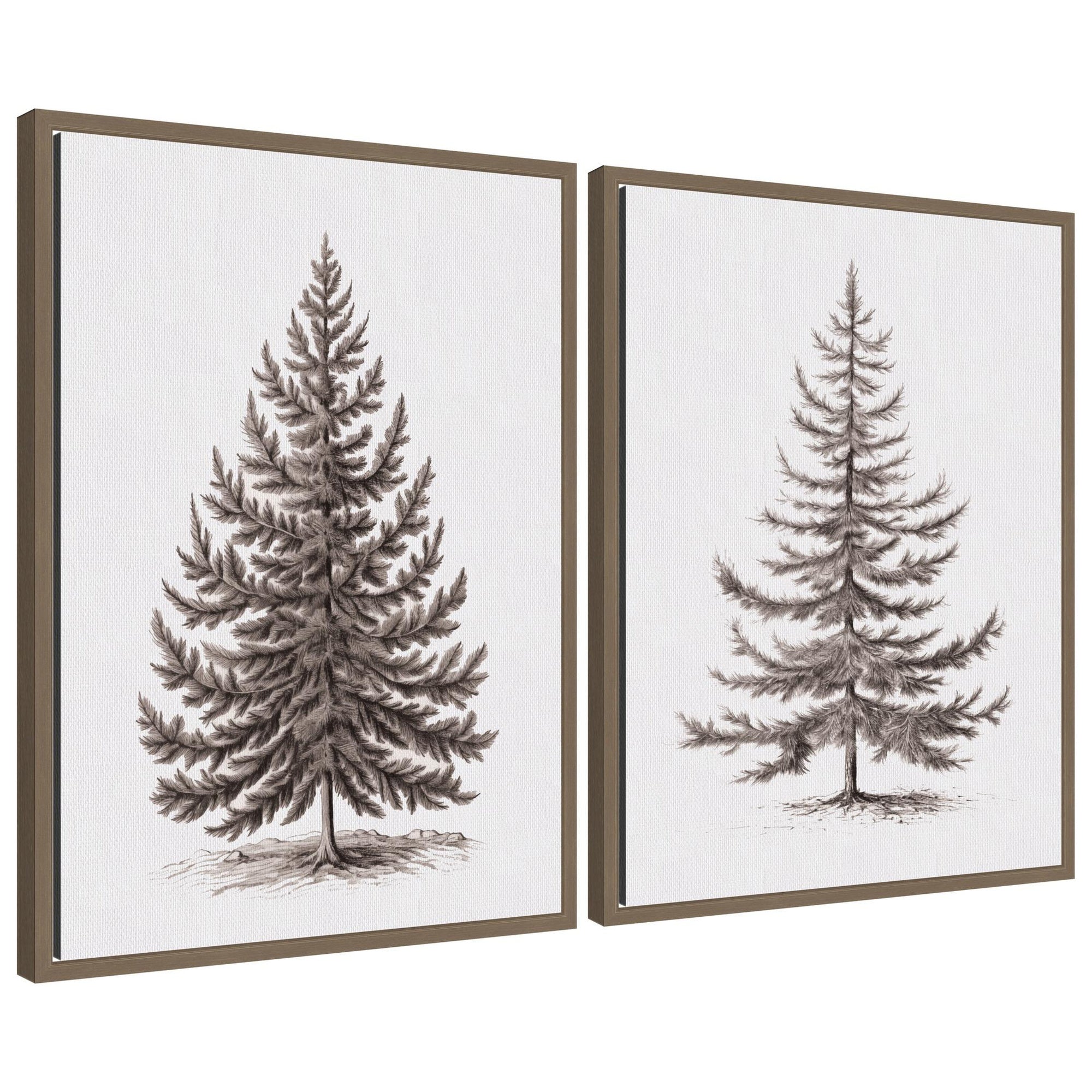 Two framed monochrome canvas prints of an evergreen fir tree with detailed branches and foliage in a rustic style.