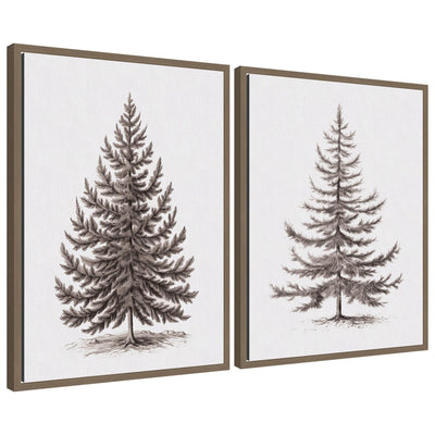 Two framed monochrome canvas prints of an evergreen fir tree with detailed branches and foliage in a rustic style.