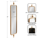 Tall rectangular mirror with 9-inch width and 36-inch height, featuring an antique gold painted metal frame with rounded corners and decorative finials on top and bottom.