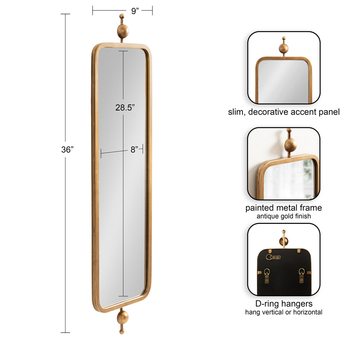 Tall rectangular mirror with 9-inch width and 36-inch height, featuring an antique gold painted metal frame with rounded corners and decorative finials on top and bottom.