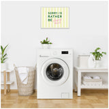 Laundry room with a white front-loading washer centered beneath a framed canvas saying "Sorry, I'd Rather Be playing tennis" in green and pink text on a striped background.