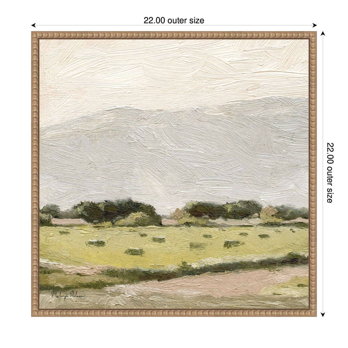 Framed canvas print of a serene landscape with muted green fields, dark green tree clusters along the horizon, and a pale textured sky above.