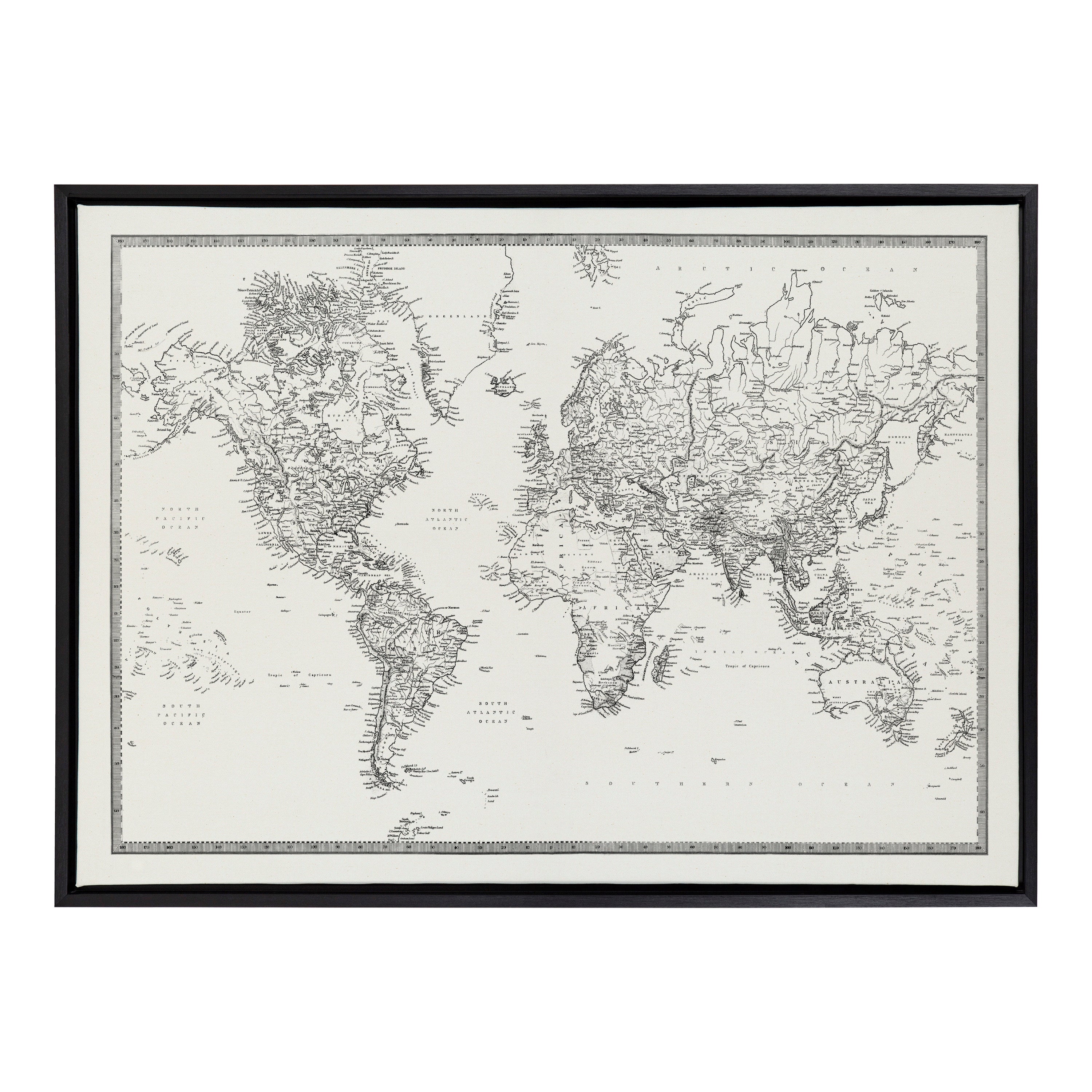 Sylvie Vintage Black and White World Map Framed Canvas by The Creative