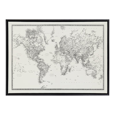 Sylvie Vintage Black and White World Map Framed Canvas by The Creative