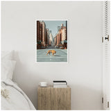 Framed canvas showing a tiger walking across an empty city street lined with tall buildings, hung on a white wall above a natural wood nightstand with books and a cup.