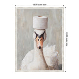 Framed canvas art featuring a white swan facing forward with a toilet paper roll placed on its head against a muted gray background.
