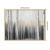 Framed canvas painting of a serene birch tree forest with tall white trunks and dark markings against a glowing, misty background, measuring 42 by 32 inches.