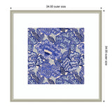 Square framed artwork featuring a dense pattern of blue and purple painted flowers with dark blue leaves on a light background.