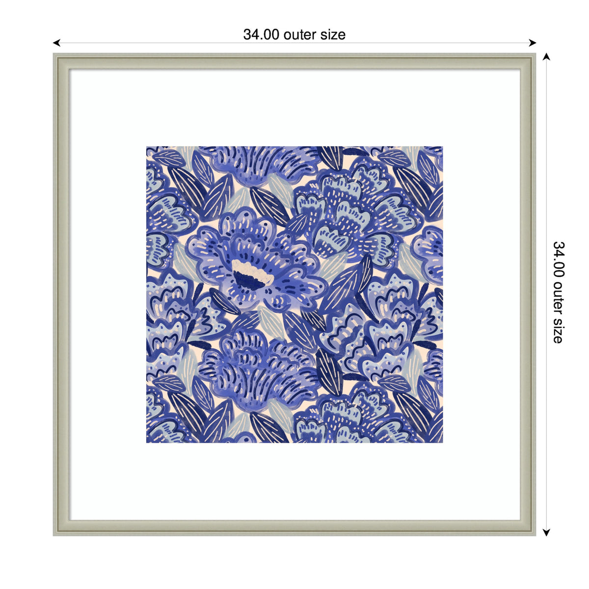 Square framed artwork featuring a dense pattern of blue and purple painted flowers with dark blue leaves on a light background.