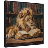 Painting of a lion with a full mane intently reading an open book, set against a background of tall, colorful books on wooden shelves.