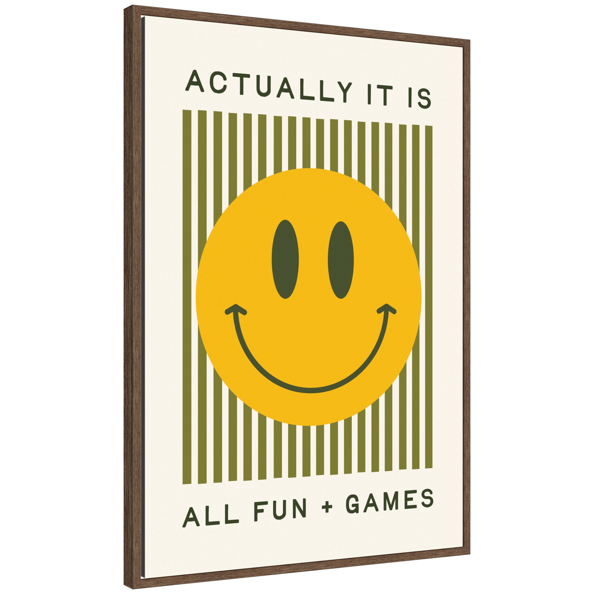 Framed canvas wall art of striped smiley face by Lucky Guava titled 'It is All Fun and Games', with a walnut brown Sylvie frame.
