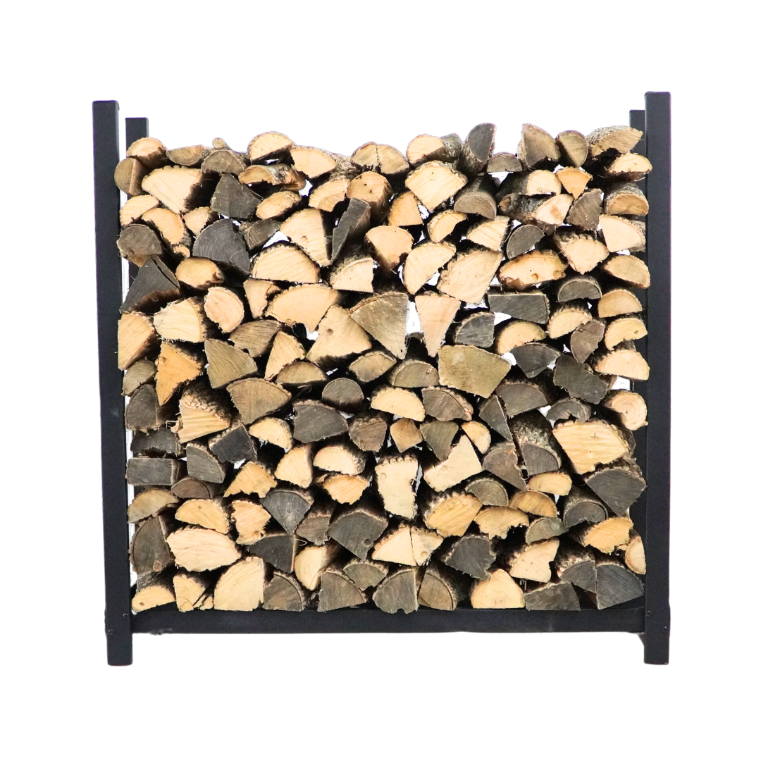 Woodhaven 4 ft Firewood Rack holding stacked firewood outdoors