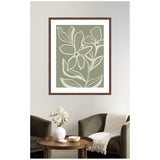 Framed wall art featuring minimalist cream floral line drawings with veins on a muted sage green background, hanging above a brown coffee table with flowers and chairs.