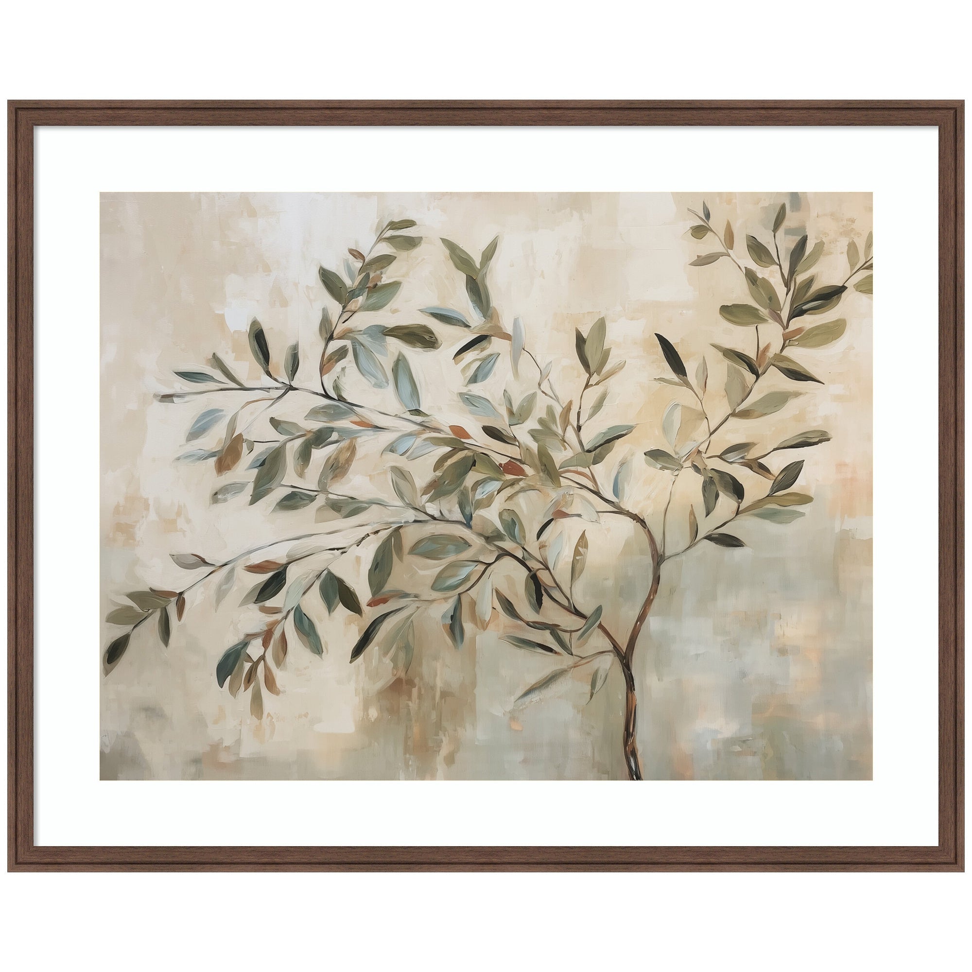 Framed abstract art print of an olive tree with soft green and beige hues by The Creative Bunch Studio