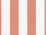 Fabric with wide vertical stripes alternating between white and a muted melon orange, showing a textured woven pattern.