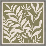 Minimalist botanical artwork with white leaf silhouettes on an olive green background, framed in a simple gray wood frame.