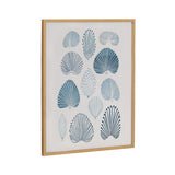 Framed print featuring twelve stylized blue coral shapes arranged in rows on a white background with a light wood frame.