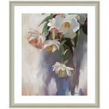 Soft pastel painting of delicate white and pink flowers with green leaves, set against a muted background and framed in a simple light gray frame.