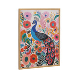 Bright colorful painting of a blue peacock with detailed feather eyespots surrounded by large pink, orange, and red flowers and green leaves in a light wood frame.