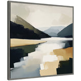 Sylvie Mountain Lake Modern Abstract Landscape framed canvas showing abstract shapes in natural colors
