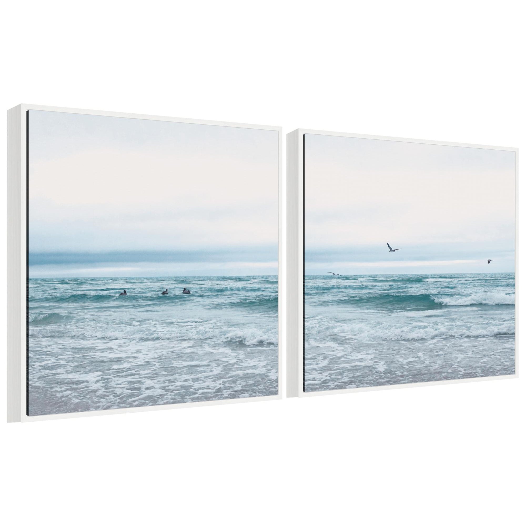Sylvie Ocean Swim 1 and 2 framed canvas art set showing coastal beach scenes with shades of blue and sand