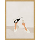 Minimalist illustration of two hands rising from a light beige bath, one holding a champagne bottle tilted towards a raised flute glass, with 'good morning' text nearby.