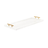 Rectangular white tray with raised edges and two horizontal brass handles on short legs, shown from a slight angle against a white background.